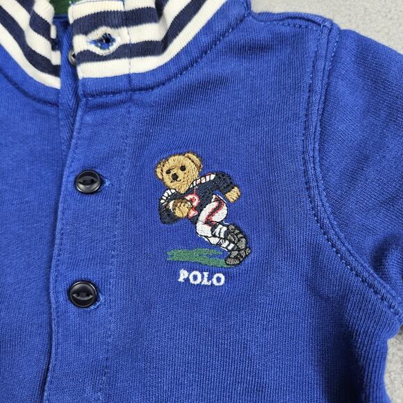 Ralph Lauren Boys 3 Months Blue Football Bear Rugby Polo One Piece Romper Snaps - Picture 3 of 10